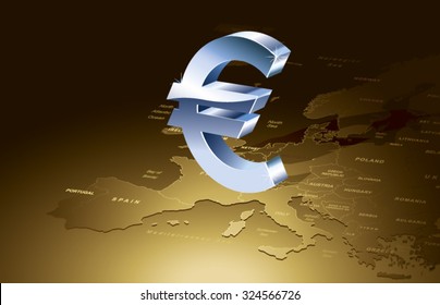 Precise vector illustration of Europe with borders and country names, with Euro symbol above it.