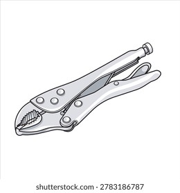 A precise vector illustration of a pair of classic metallic locking pliers, commonly known as vise grips. The vector detail captures the hardened steel jaws with intricate teeth for superior gripping, the quick-release lever, and the adjustment screw at the end of the handle. Rendered in clean chrome tones on a black background, this tool graphic is essential for metalworking tutorials, heavy-duty repair manuals, industrial hardware store assets, and professional equipment branding.