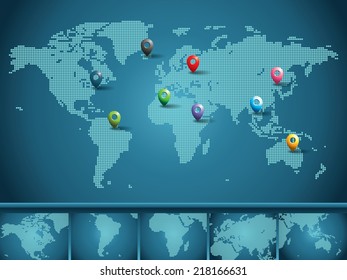 Precise world map performed with circles with colorful location marks and continents isolated