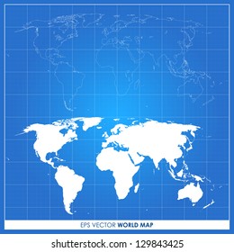 Precise World Map Vector On Blueprint Background