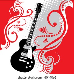 A precisely drawn electric guitar is placed in this vector grunge background