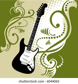 A precisely drawn electric guitar is placed in this vector grunge background