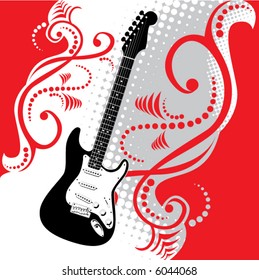 A precisely drawn electric guitar is placed in this vector grunge background