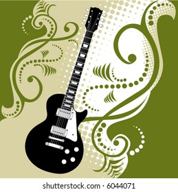 A precisely drawn electric guitar is placed in this vector grunge background