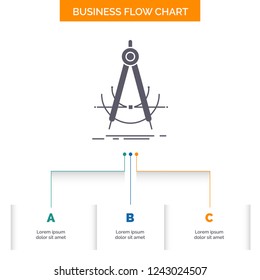 Precision, accure, geometry, compass, measurement Business Flow Chart Design with 3 Steps. Glyph Icon For Presentation Background Template Place for text.