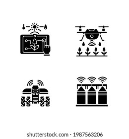 Precision agriculture black glyph icons set on white space. Automation in horticulture. Smart farm. Farming drones. Crop storage. Driverless tractor. Silhouette symbols. Vector isolated illustration