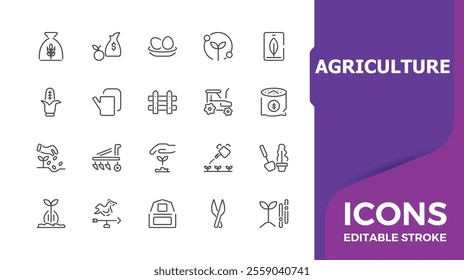 Precision agriculture line icons. Minimal line agriculture icons related to planting, eco, organic, natural. Vector illustration. 