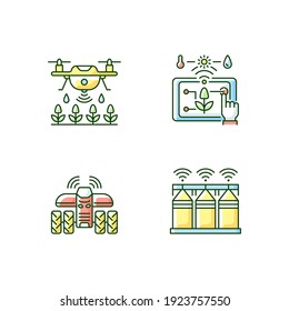 Ajuste de iconos de color RGB de agricultura de precisión. Automatización en horticultura. Granja inteligente. Drones agrícolas. Almacenamiento de cultivos. Tractor sin conductor. Ilustraciones vectoriales aisladas