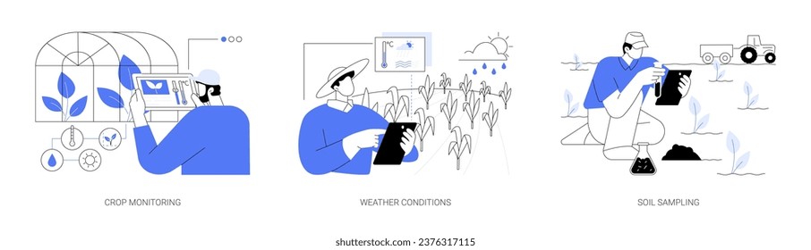 Precision agriculture sensors abstract concept vector illustration set. Crop monitoring with smartphone app, weather conditions, soil sampling, humidity and temperature control abstract metaphor.