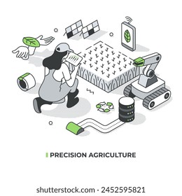 Agricultura de precisión y agricultura inteligente. Mujer con tableta frente a cultivos analizando datos en vivo. Innovaciones en la agricultura. Uso de tecnología y análisis de datos para maximizar el rendimiento. Ilustración isométrica