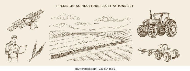 Präzisions-Vektorgrafik-Set für die Landwirtschaft. Handgezeichneter Bauer mit Laptop-Operationstraktor mit Satelliten- und Landschaftszeichensammlung. Modernes, automatisiertes Produktionsdoodle einzeln