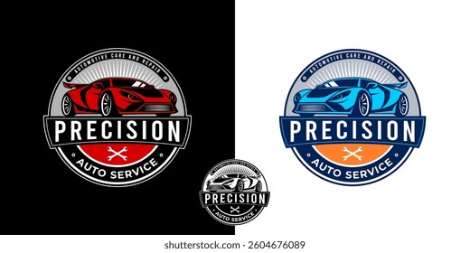 Precision auto service emblem logo. Featuring sport car shape with classic style.
