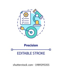Precision concept icon. Measuring theoretical concepts idea thin line illustration. Testing theory and hypothesis. Results of measurements. Vector isolated outline RGB color drawing. Editable stroke