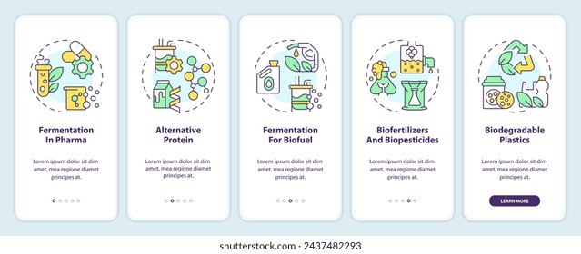 Precision fermentation applications onboarding mobile app screen. Walkthrough 5 steps editable graphic instructions with linear concepts. UI, UX, GUI template. Myriad Pro-Bold, Regular fonts used