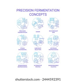 Precision fermentation blue gradient concept icons. Food genetic modification. Artificial selection, synthetic biology. Icon pack. Vector images. Round shape illustrations. Abstract idea