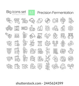 Conjunto de iconos lineales de fermentación de precisión. La recombinación del ADN, los bioprocesos. Modificación genética. Mejora de Recortar. Símbolos de línea fina personalizables. Ilustraciones de contorno de Vector aisladas. Trazo editable