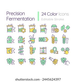 Precision fermentation RGB color icons set. Selective breeding, biotechnological process. Food production. Isolated vector illustrations. Simple filled line drawings collection. Editable stroke