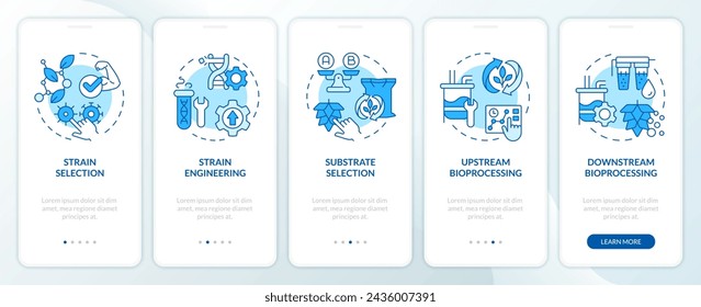 Precision fermentation steps blue onboarding mobile app screen. Walkthrough 5 steps editable graphic instructions with linear concepts. UI, UX, GUI template. Myriad Pro-Bold, Regular fonts used