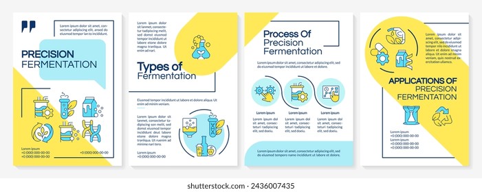 Precision fermentation technology blue and yellow brochure template. Leaflet design with linear icons. Editable 4 vector layouts for presentation, annual reports. Questrial, Lato-Regular fonts used