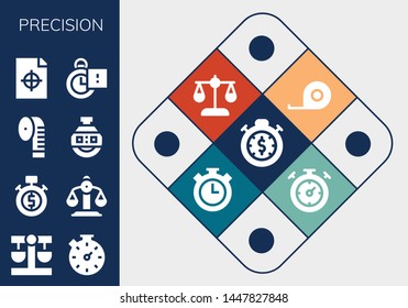 precision icon set. 13 filled precision icons.  Collection Of - Stopwatch, Balance, Measuring tape, Stopclock, Printing test, Tape measure