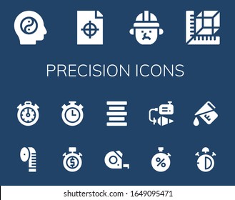 precision icon set. 14 filled precision icons.  Simple modern icons such as: Balance, Printing test, Architect, Measure, Measuring tape, Stopclock, Stopwatch, Center alignment