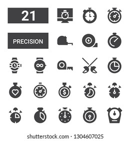 precision icon set. Collection of 21 filled precision icons included Stopwatch, Chronometer, Stopclock, Stop watch, Fencing, Measuring tape, Watch, Watches