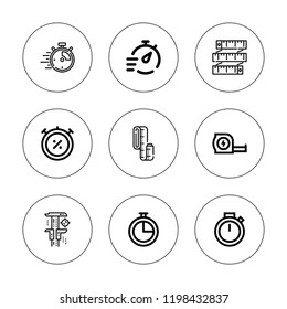 Precision icon set. collection of 9 outline precision icons with chronometer, measure tape, measuring tape, precision icons. editable icons.