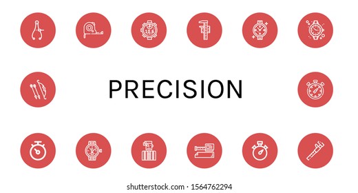 precision icon set. Collection of Caliper, Measuring tape, Stopwatch, Measuring, Watch, Watchmaker, Measure tape, Measure, Archer, Chronometer icons
