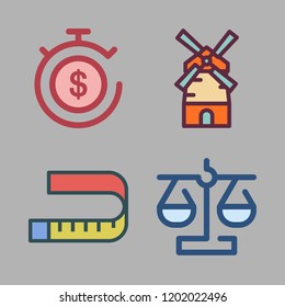 precision icon set. vector set about mill, balance, measuring tape and timer icons set.
