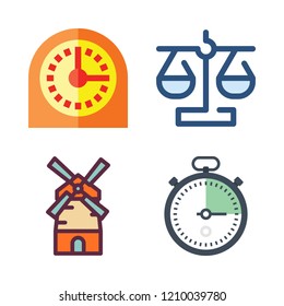 precision icon set. vector set about stopclock, timer, mill and balance icons set.