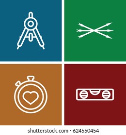Precision icons set. set of 4 precision outline icons such as compass, level ruler, stopwatch