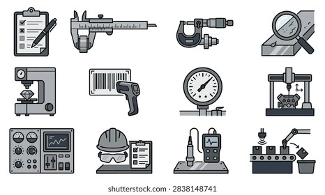 Precision industrial measurement and quality control testing icons.