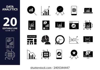 Precision Insights: Streamlined Web Icons for Data Analysis, Statistics, and Analytics - Minimalist black fill Collection in Vector Illustration. calculator, data, database, discover, focus, gear