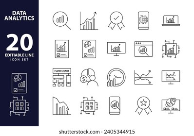Precision Insights: Streamlined Web Icons for Data Analysis, Statistics, and Analytics - Minimalist Outline Collection in Vector Illustration. calculator, data, database, discover, focus, gear, growth