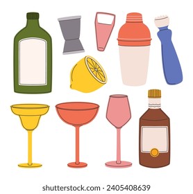 Präzisionsinstrumente für die Mixologie-Meisterschaft, Bartender-Ausrüstung umfasst Gläser, Shaker, Jigger, Muddler und Flaschenöffner, Werkzeuge, die professionelle Cocktailvorbereitung gewährleisten. Cartoon-Vektorgrafik