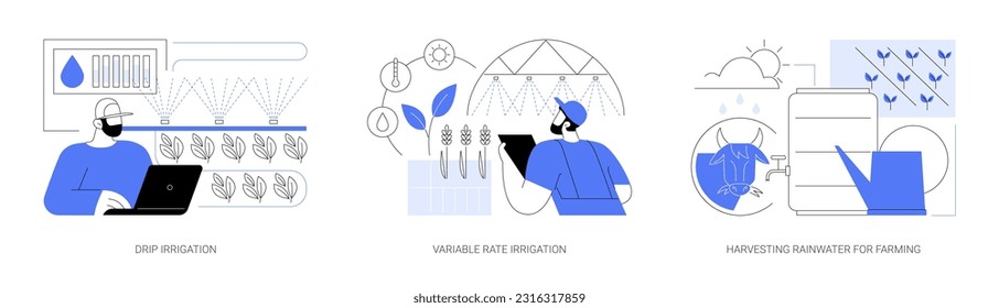 Precision irrigation abstract concept vector illustration set. Drip irrigation, variable rate watering, harvesting rainwater for farming, watering schedule, precision agriculture abstract metaphor.