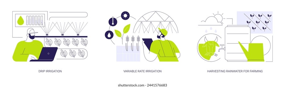 Conjunto de ilustración vectorial de concepto abstracto de riego de precisión. Riego por goteo, riego a tasa variable, recolección de agua de lluvia para la agricultura, calendario de riego, agricultura de precisión metáfora abstracta.