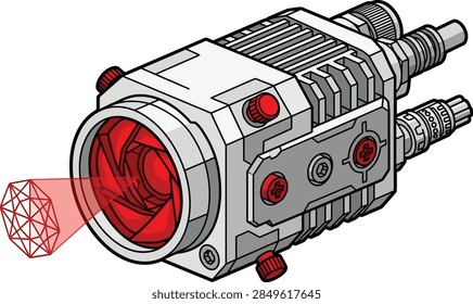 Precision laser scanning device emitting red beam for industrial measurement applications