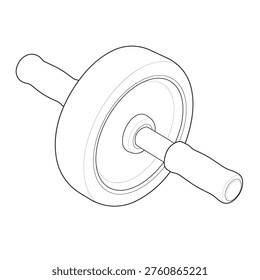 Precision line art featuring an isometric view of a single wheel abdominal roller. This core fitness accessory details the contoured ergonomic handles central axle and smooth wheel surface optimized for home workout apps instructional fitness manuals and gym equipment diagrams.