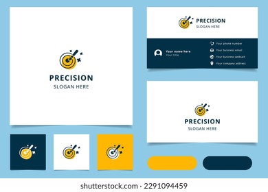 Diseño de logotipo de precisión con lema editable. Libro de promoción de marca y plantilla de tarjeta de visita.