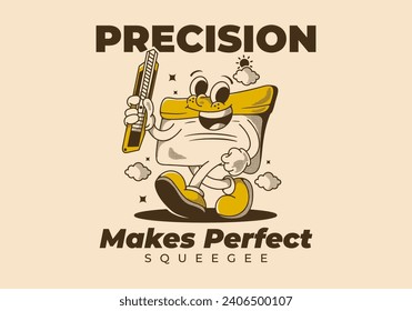 Precision makes perfect. Squeegee mascot character holding a blade, in vintage style