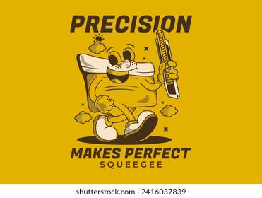 Precision makes perfect. Squeegee mascot character holding a blade, in vintage style