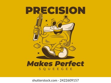 Precision makes perfect. Squeegee mascot character holding a blade, in vintage style