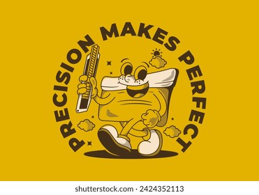Precision makes perfect. Squeegee mascot character holding a blade, in vintage style