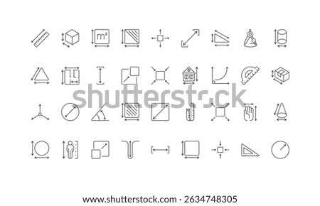 Precision measuring of person height, building and box thin black symbols vector illustration. Measurement space, length and width, thickness of geometric shape, dimension arrows line icon set.