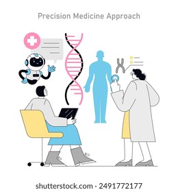 Precision Medicine Approach concept. Tailored healthcare with DNA analysis and AI technology. Doctors, robotics, and genetic profiling. Vector illustration.