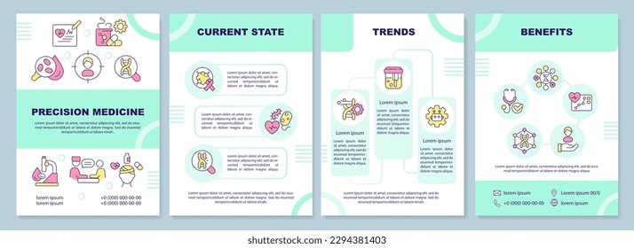 Precision medicine blue gradient brochure template. Genes studying. Leaflet design with linear icons. 4 vector layouts for presentation, annual reports. Arial-Black, Myriad Pro-Regular fonts used