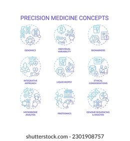 Conjunto de iconos de concepto de degradado azul de la medicina de precisión. Programa de salud personalizado. Ilustraciones de color delgado de la idea de tratamiento y diagnóstico individualizado del paciente. Símbolos aislados