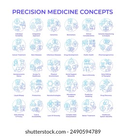 Iconos de concepto de gradiente azul de medicina de precisión. Tecnología de la salud. Salud pública. Genética. Enfoque personalizado en el tratamiento. Paquete de iconos. Imágenes vectoriales. Ilustraciones de forma redonda. idea Abstractas