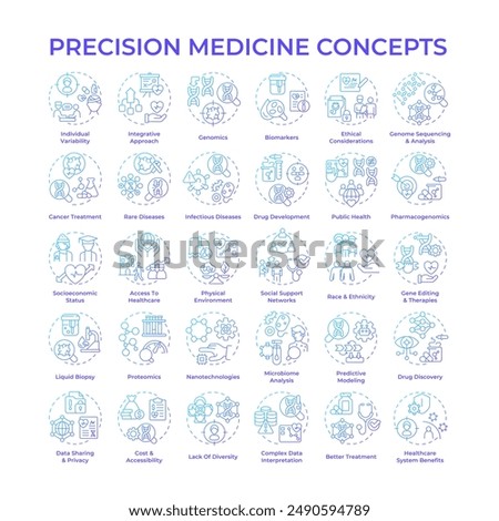 Precision medicine blue gradient concept icons. Health technology. Public health. Genetics. Personalized approach in treatment. Icon pack. Vector images. Round shape illustrations. Abstract idea